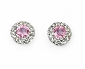 Zaffiro Rosa Orecchini con Diamante Surround IN 9ct Oro Bianco Britannico Fatto - Foto 1 di 4