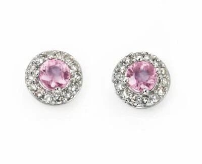 Zaffiro Rosa Orecchini con Diamante Surround IN 9ct Oro Bianco Britannico Fatto - Immagine 1 di 4