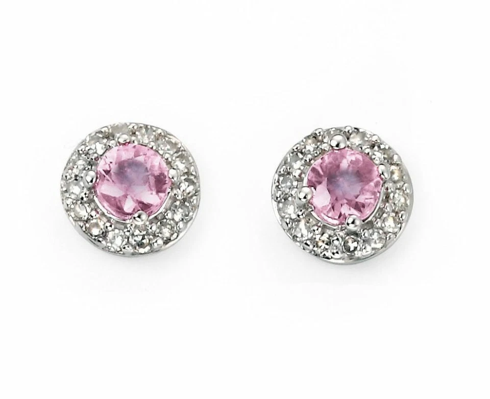 Zaffiro Rosa Orecchini con Diamante Surround IN 9ct Oro Bianco Britannico Fatto - Immagine 1 di 4