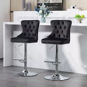 Set of 2 Bar Chairs Modern Pub Stools Height Velvet Upholstered Swivel Barstools - Picture 1 of 15