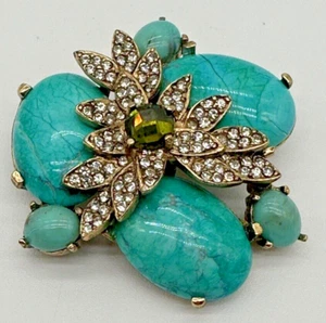 Vintage CINER Broach, Turquoise and Rhinestones, Signed - Picture 1 of 7