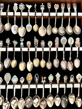 36 Souvenir Collectible Silver Spoons, Wooden and Glass Case Vintage from 1970's