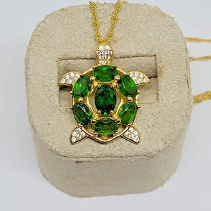 JTV 18k Sterling Silver Green Chrome Diopside Turtle Pendant Necklace ~ 18" - Picture 1 of 11