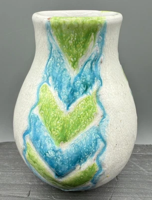 Mid Century Modern Vase Italian? 6" Blue Green White~Geometric~Red Clay~Signed - Image 1 of 4