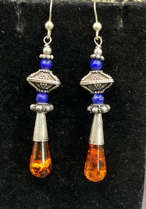 Atemberaubende Vintage verzierte Sterling Bali, Bernstein & Lapislazuli, Ohrhänger - Bild 1 von 4