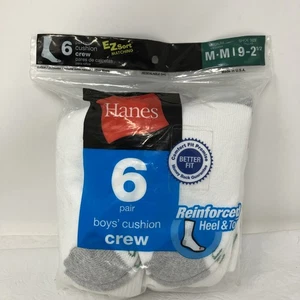Hanes Boys 6 Pair Cushion Crew Socks Size M (9-2-1/2) White EZ Sort Match - Picture 1 of 7