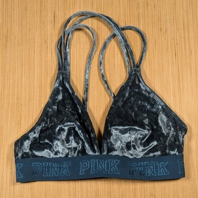 PINK Victoria's Secret Velvet Bralette Stretch Logo Band Blue Green Womens Small - Image 1 of 4