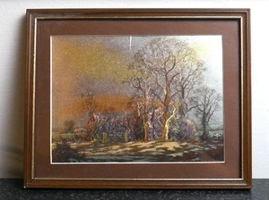 Vintage Glitzer Foliendruck signiert Vincent Selby Wald Bauernhof Winterlandschaft - Bild 1 von 5
