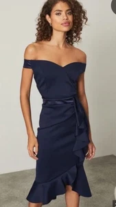 LIPSY BNWT £90 Sz 12 Navy Satin Frill Front Bardot Style Dress - Picture 1 of 7