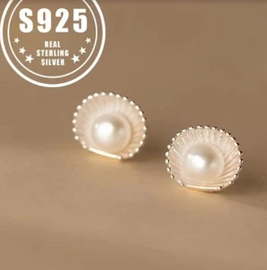 Earrings. 925 Sterling Silver Ocean Shell Pearl Studs Allergy-Friendly, Delicate - Picture 1 of 3