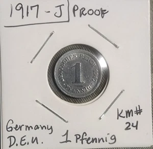 1917-J Proof, WW 1,  Germany, 1 Pfennig, KM # 24 - Picture 1 of 4