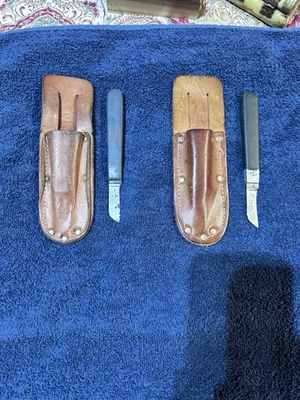 2 Vintage Robert Parker SK-55 Telephone Lineman Chipping Knife W Leather Sheath - Image 1 of 4