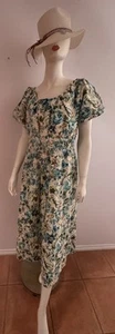 Blue Floral Short Balloon Sleeve Midi Dress/Elastic Waist Panel Size 16 NWT - Picture 1 of 7