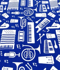 Music Mania Blue White Musical Instruments Cotton Flannel Fabric 2/3Y #12 - Picture 1 of 8