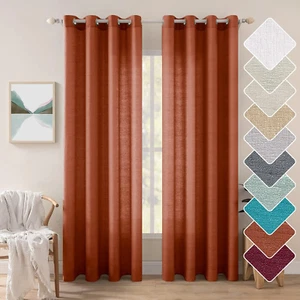 Burnt Orange Faux Linen Semi Sheer Curtains 2 Panels for Living Room Bedroom Tex - Picture 1 of 12