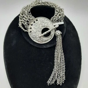 Bracciale Vintage Argento-Tone Statement 7,75" con Catene Nappa Chiusura a Levetta - Foto 1 di 5