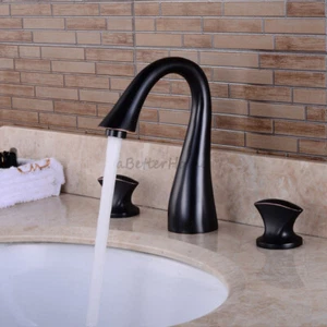 Bathroom 3 Hole Deck Mount Dual Handles Basin Mixer Tap Wash Basin Split Faucet - Picture 1 of 11