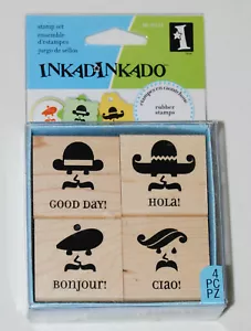 Nuovo set di timbri in gomma in legno Inkadinkado 4 pezzi multilingue internazionale HELLO - Foto 1 di 5