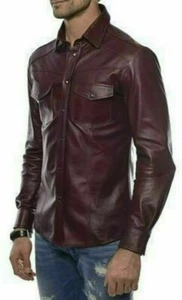 Men's Genuine Lambskin Soft Leather Button up Shirt Full Sleeves Burgundy Jacket - Picture 1 of 8