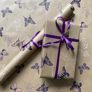 Kraft Recyclable Eco Wrapping Paper * BUTTERFLIES PURPLE* 2,5,10 mtr opt. ribbon - Picture 1 of 9