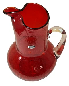 VTG Large 10 1/2" Bischoff MCM Red and Clear Crackle Pitcher, Hand Blown Glass - Picture 1 of 8
