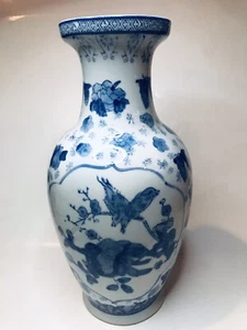 Vintage Chinese Asian Blue & White Porcelain Floral Birds Vase Large 14” Rare - Picture 1 of 9