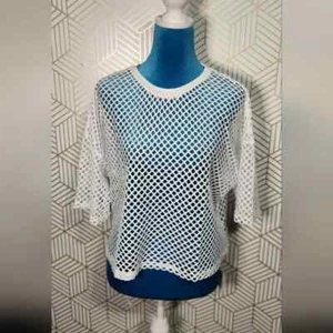 Womens white mesh fishnet Sheer Hollow See-Through Short Sleeve Tshirt (XXL) - Picture 1 of 3
