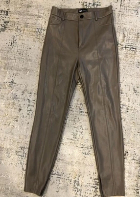 Zara Womens Vegan Leather Pants Skinny High Rise Side Zip Ankle Slits Tan Sz M - Image 1 of 4