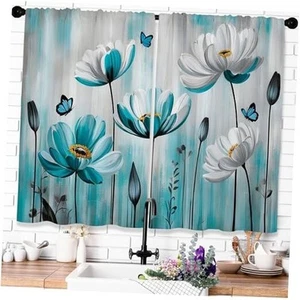 Teal Blue Tulip Kitchen Curtains Boho 26"W x 36"L (Pack of 2) A Blue Tulip - Picture 1 of 5