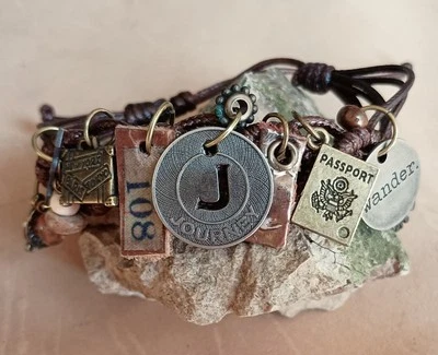 Leather, Metal, Stone Beads, Tokens and Other Handmade Mixes Media Bracelet  - Image 1 of 4