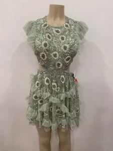Mac Duggal 35101 Dress Seafoam Green Floral Mini Cutout Waist Sequin Beaded SZ 6 - Picture 1 of 12
