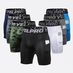 Men’s Compression Running Shorts with Pocket – Quick Dry Gym Sport Leggings - Picture 1 of 29