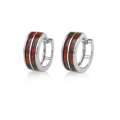 Pendientes de aro Huggie de ópalo negro de doble fila de oro blanco de 14k Foto 1 de 2