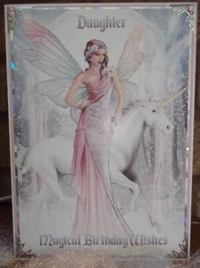 TARJETA DE CUMPLEAÑOS HIJA FANTASÍA PERSONALIZADA HECHA A MANO HADA Y UNICORNIO 2024 - Imagen 1 de 4