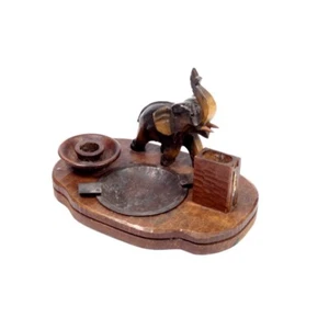 Antique Black Forest Wooden Ashtray W/ Elephant Animal Statue Candle Holder 19th - Picture 1 of 8