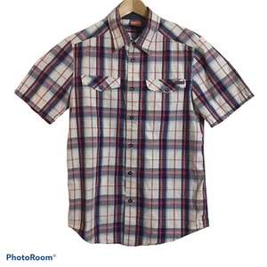 Merrell Shirt Mens Medium Short Sleeve Ivory Plaid Cotton Hiking Active Pockets - Picture 1 of 4