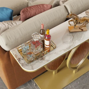WISFOR High Gloss Marble Table Slim Design Console Table Bar Table w/ Leaf Base - Picture 1 of 16