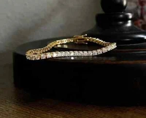 14K Yellow Gold Plated Silver Women's Bracelet 3mm Round Cut Lab Created Diamond - Picture 1 of 6