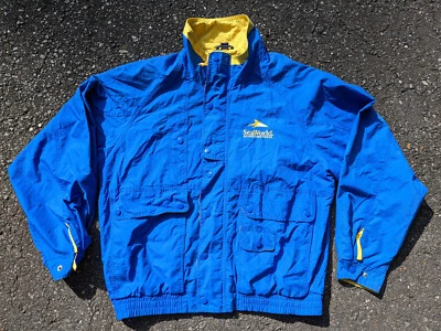 Jaqueta SeaWorld vintage quebra-vento azul ouro retrô uniforme de funcionário náilon - Imagem 1 de 4