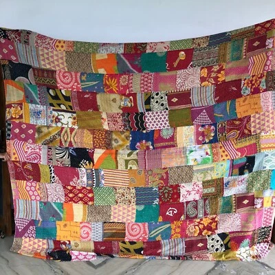 Art Kantha Double Quilt Boho Vintage Reversible Blanket Cotton Bohemian Throw - Image 1 of 4