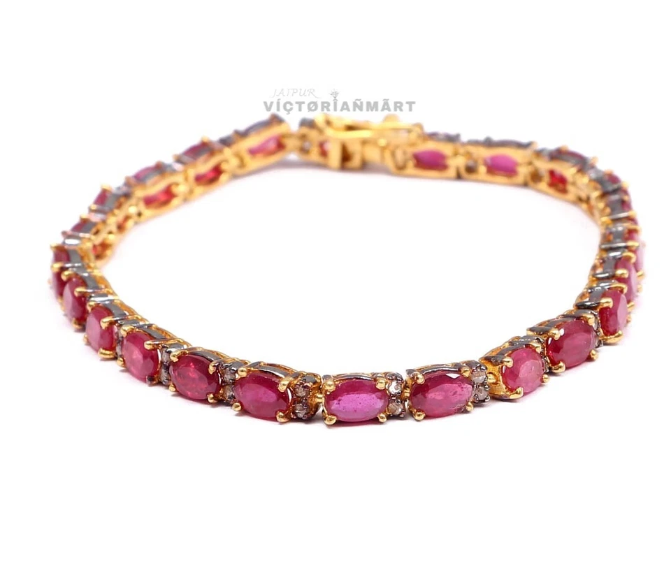 Natural Ruby & Diamond Tennis Bracelet 925 Sterling Silver Fine Jewelry Bracelet - Image 1 of 4