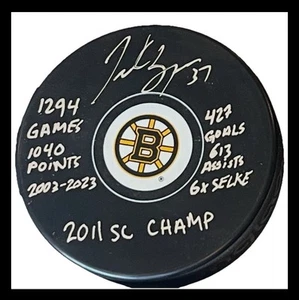 Patrice Bergeron Signed Boston Bruins Career Stats Puck 7 Inscriptions COA WOW - Picture 1 of 2