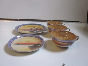 5 STÜCK VINTAGE HOTTA YU SHOTEN JAPAN PORZELLAN FLUSSSZENE 3 TEETASSEN UNTERTASSEN TELLER - Bild 1 von 5