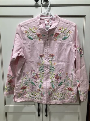Quacker Factory Women's M Bubble Gum Pink Embroidered Jacket Floral Butterflies  - Image 1 of 4