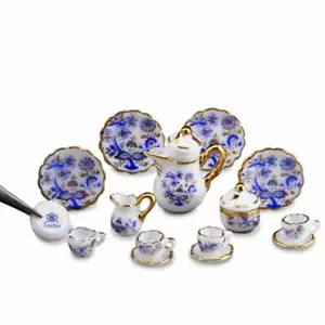 Dollhouse Miniature Blue Onion Tea Set Reutter Porcelain 1:12 inch scale D144 - Picture 1 of 2
