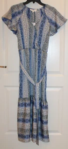 Lucky Brand Short Flutter Sleeve Tie Waist Midi Dress in Peri Vertical ~ Size M - Picture 1 of 12
