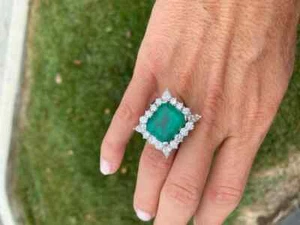 Emerald Cut Deep Green 15.00CT Emerald With Pear & Round Cut CZ Halo Women Ring - Picture 1 of 6