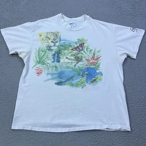 VTG Amazon Rainforest Shirt XXL White Tropical AOP Parrot Jaguar USA Made Tee** - Picture 1 of 16