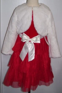 Girls Rare Too 2 Pc Red Ivory Tiered Sparkle Christmas Dress & Faux Fur Shrug 5 - Picture 1 of 6