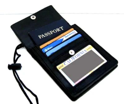 Men Women Black leather Passport ID Holder Pouch Wallet Adjustable Neck Strap - Image 1 of 4